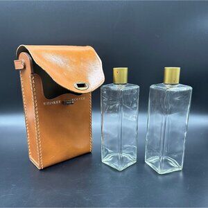 Vintage Decanter Set Whiskey Scotch Bottles Leather Case Mid Century Travel Bar